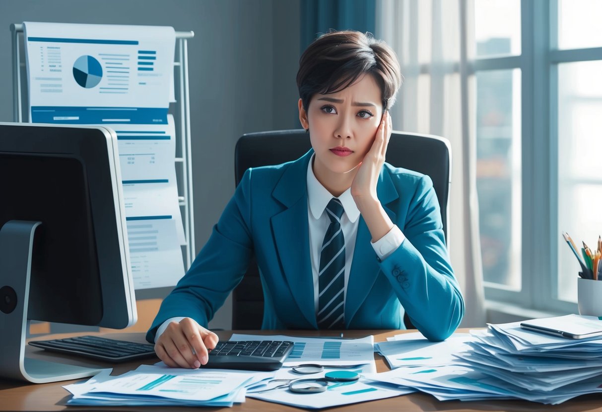 A person sitting at a desk, surrounded by financial documents and a computer, with a concerned expression on their face