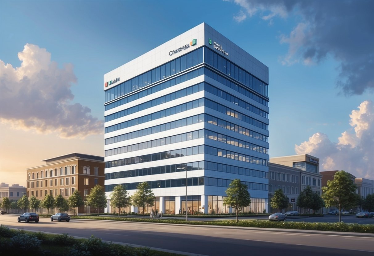 A modern office building with a portion of the profits going to support local charities and community projects