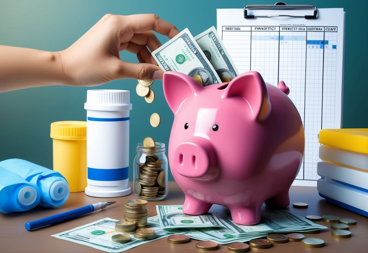 A piggy bank being filled with coins and bills, surrounded by medical supplies and a budgeting spreadsheet