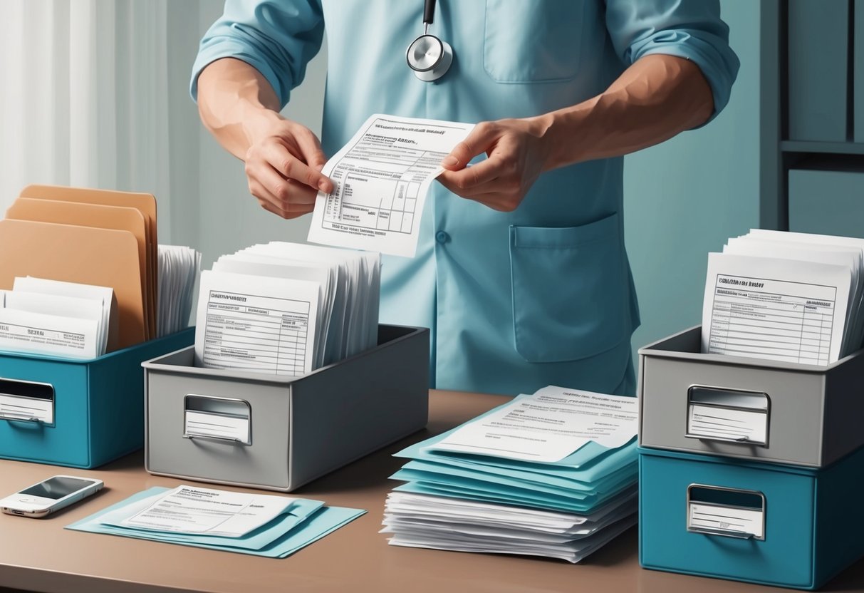A person organizing medical receipts and documents into labeled folders