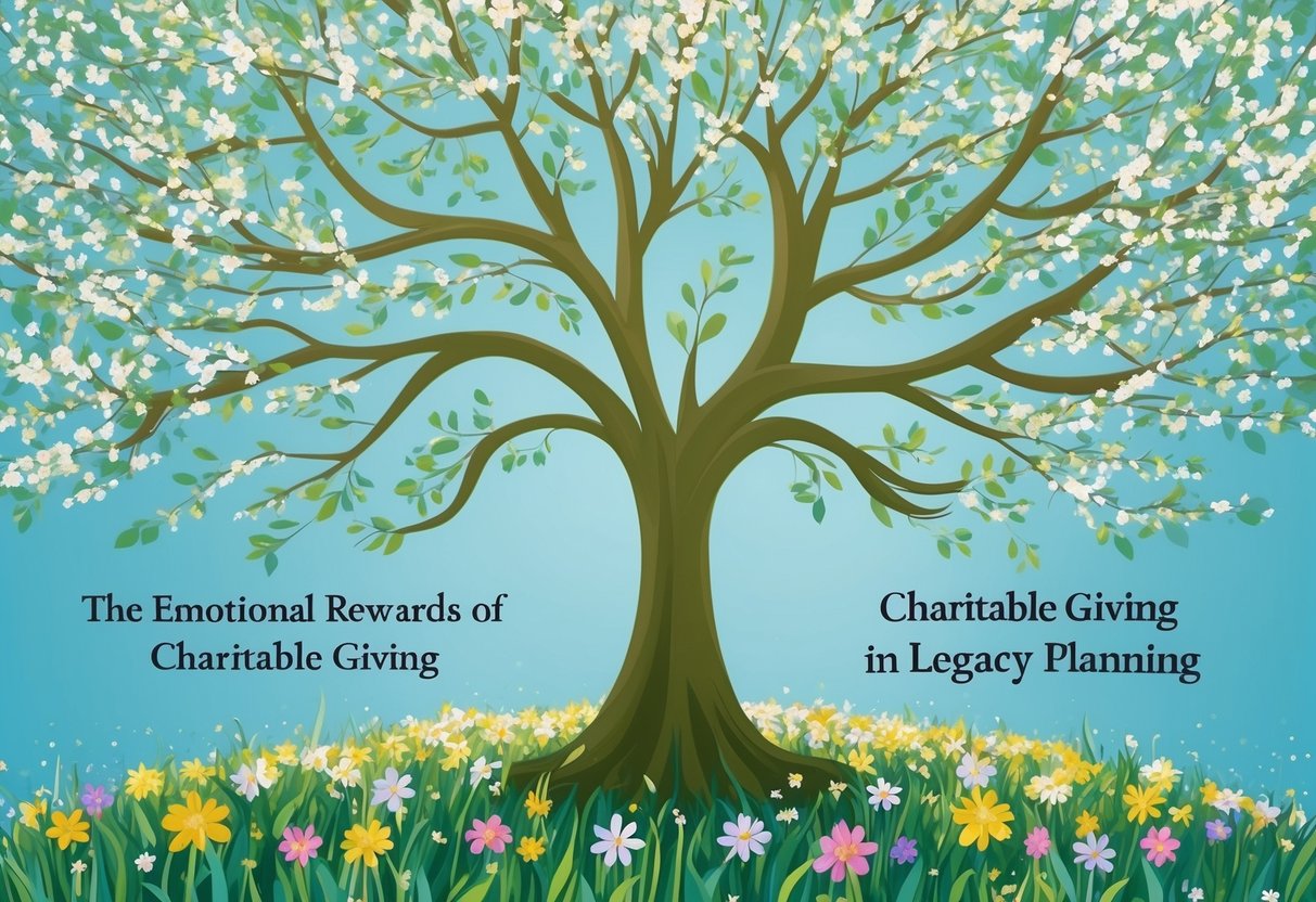 A tree with outstretched branches, surrounded by blooming flowers, symbolizing the emotional rewards of charitable giving in legacy planning