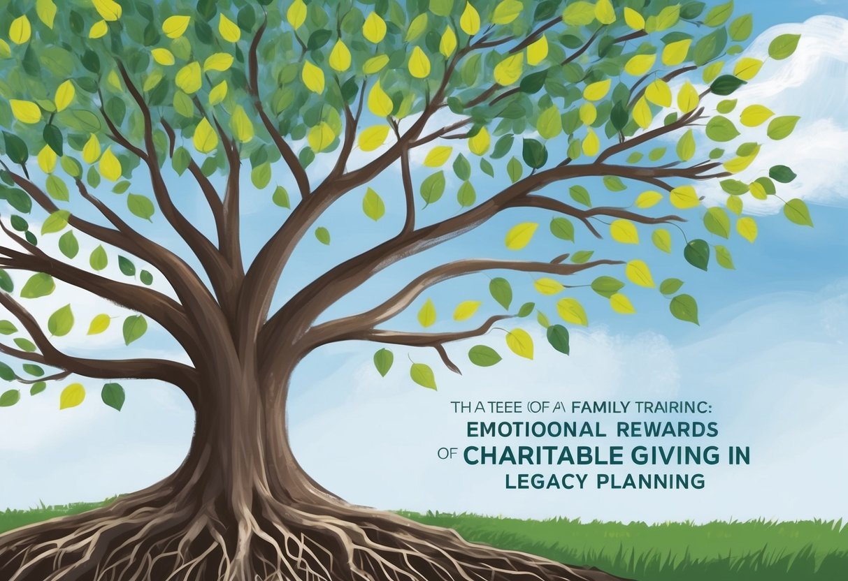 A family tree with roots in the ground and branches reaching up towards the sky, with leaves representing the emotional rewards of charitable giving in legacy planning