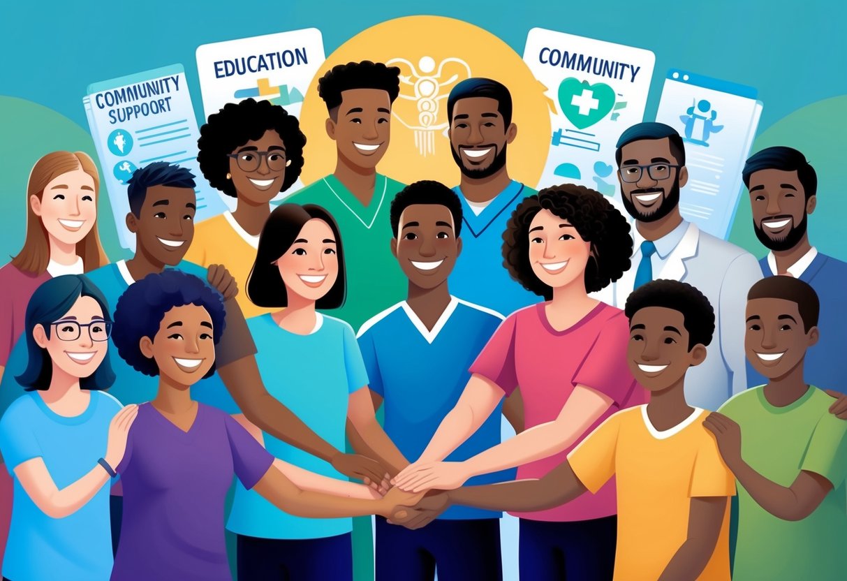 A group of diverse individuals smiling and holding hands, surrounded by symbols of education, healthcare, and community support