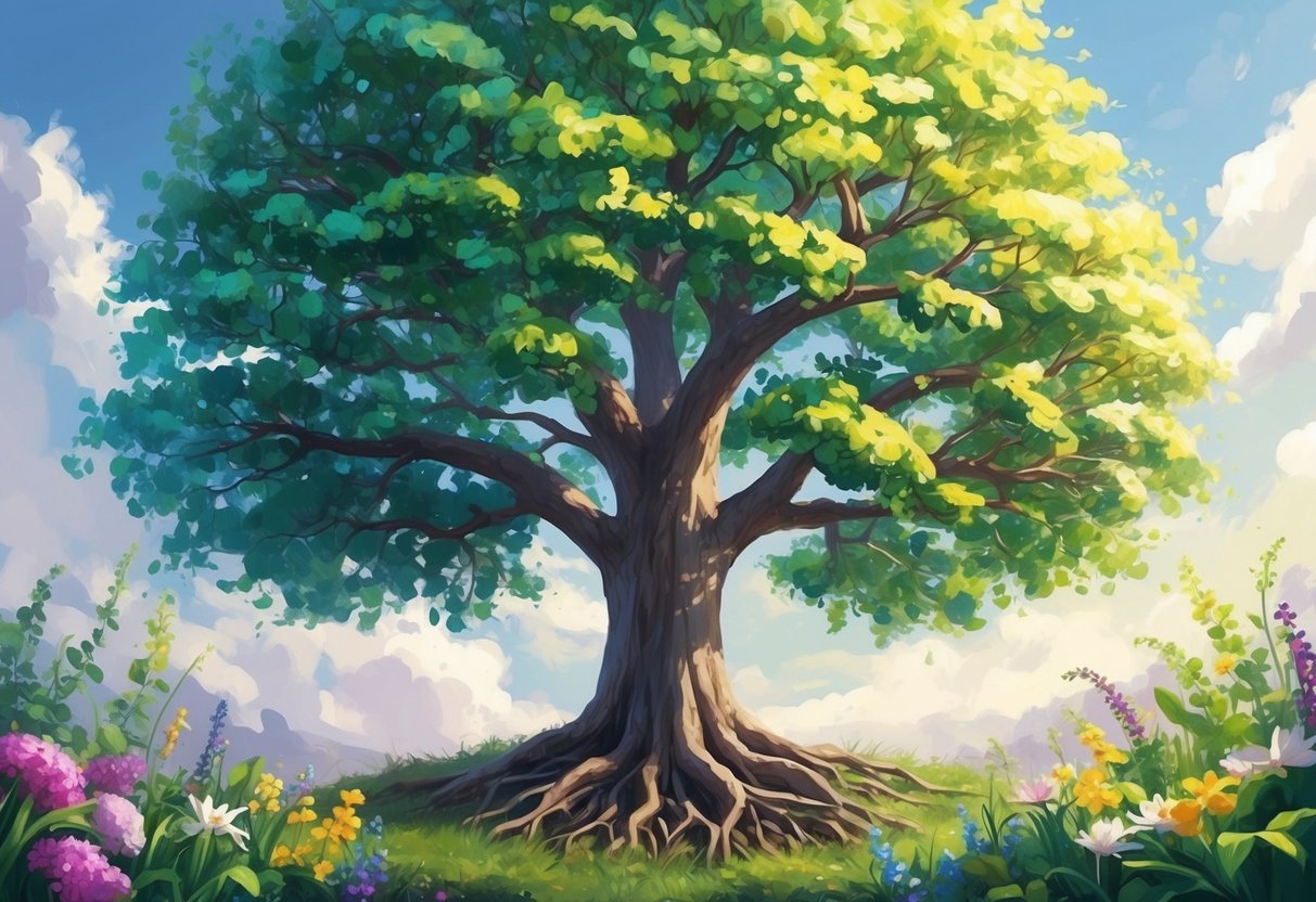 A tree with roots firmly planted in the ground, its branches reaching towards the sky, surrounded by a diverse array of blooming flowers and vibrant green foliage