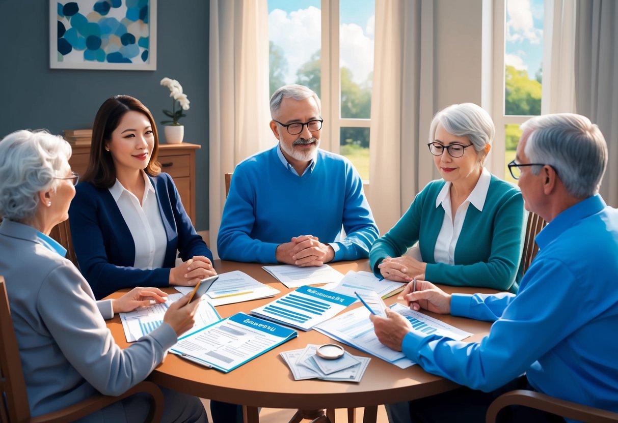 A family sits around a table, discussing long-term care options while reviewing financial documents and Medicaid information