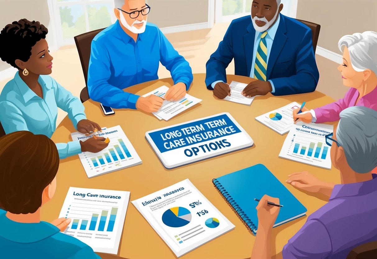 A family sits around a table, discussing long-term care insurance options. Financial documents and a notebook are spread out, as they consider various strategies to balance costs with their family goals