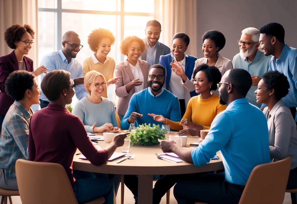 A diverse group of people gather around a table, exchanging smiles and gestures of generosity. A sense of warmth and connection fills the room as they engage in meaningful discussions about charitable giving and legacy planning