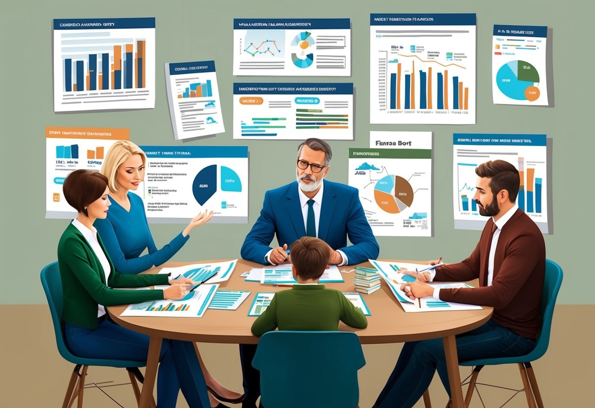 A family sits around a table, discussing financial strategies. Charts and graphs are spread out, showing different options for tax-advantaged accounts