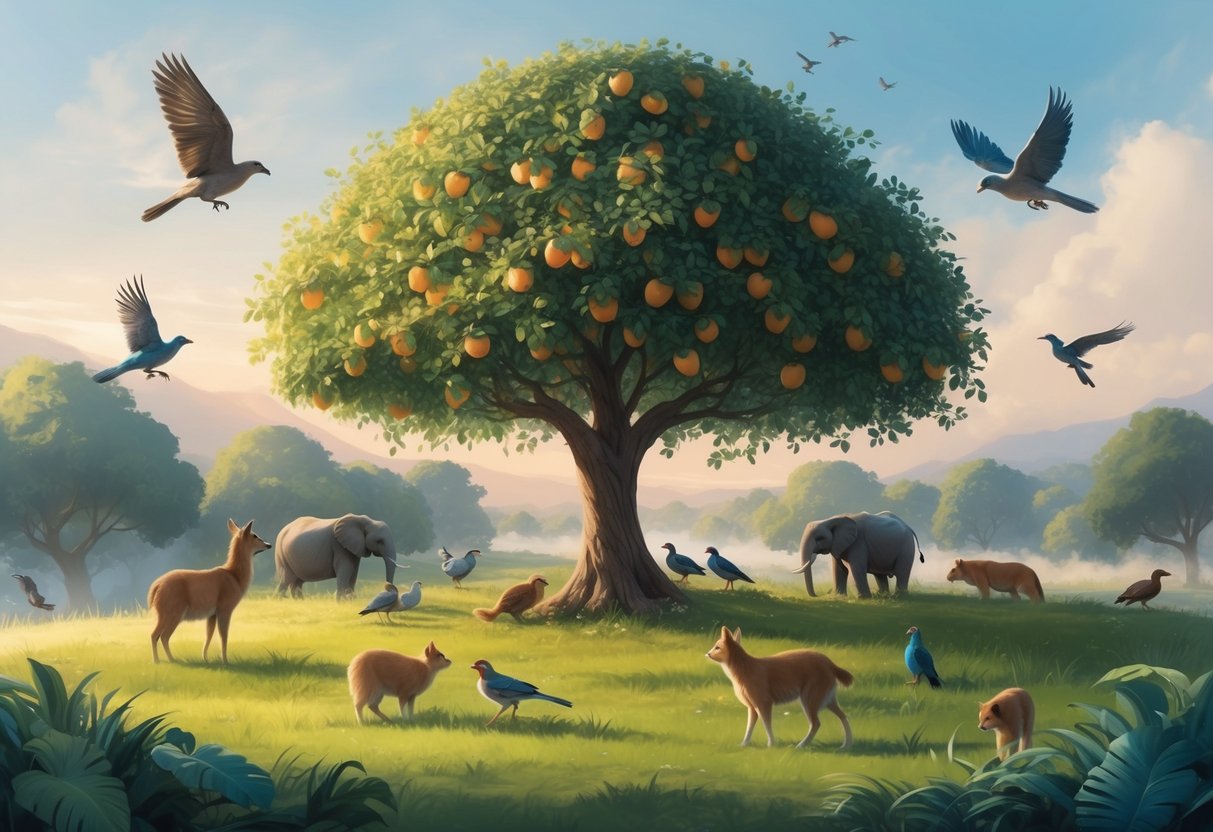 A serene landscape with a tree bearing fruits, surrounded by animals and birds living harmoniously, evoking a sense of empathy and compassion
