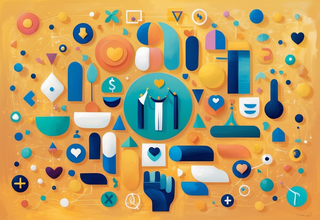 A diverse group of abstract shapes and symbols representing generosity, love, and connection, surrounded by a warm, glowing light