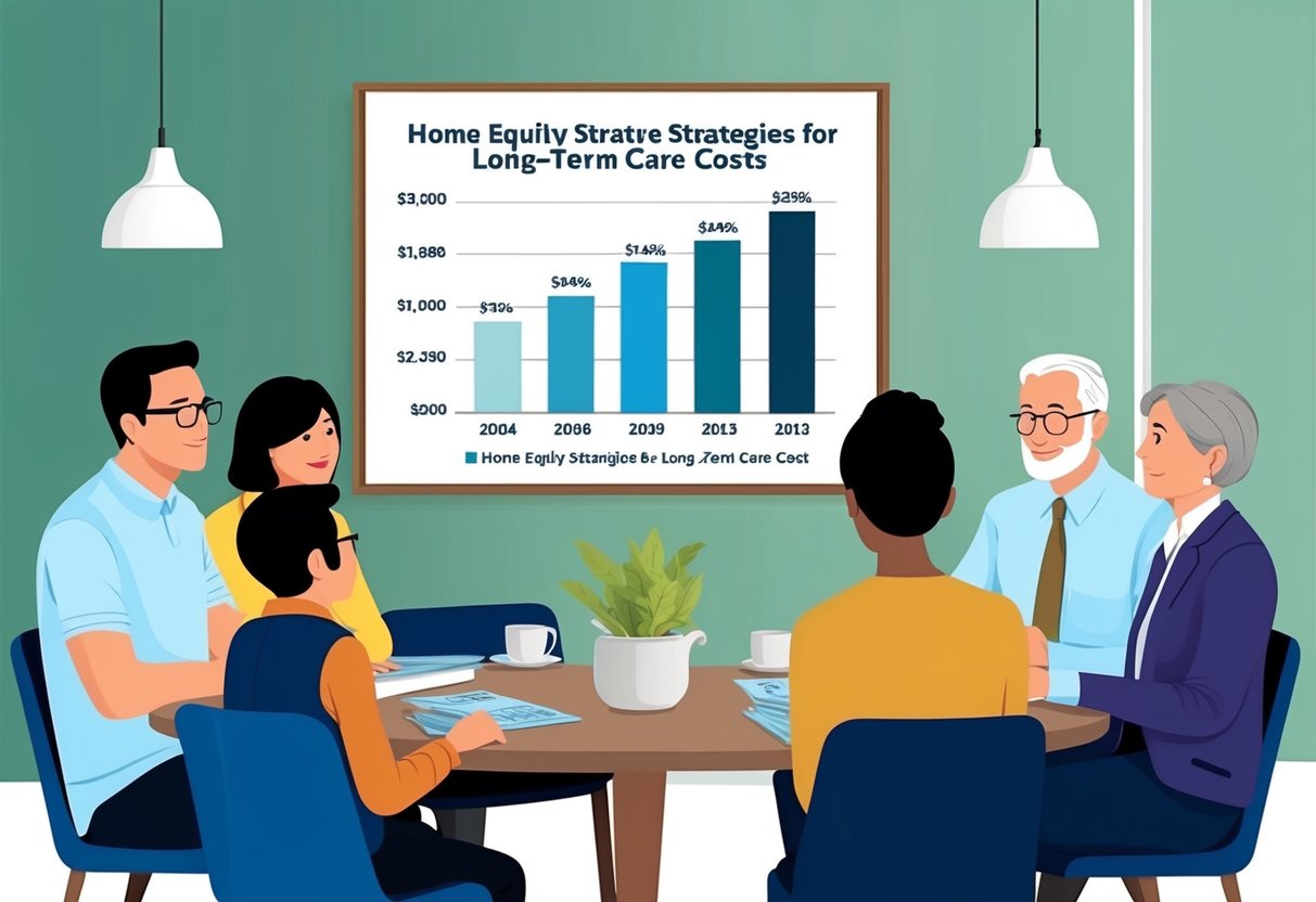 A family sitting around a table, discussing financial options while looking at a chart showing home equity strategies for long-term care costs