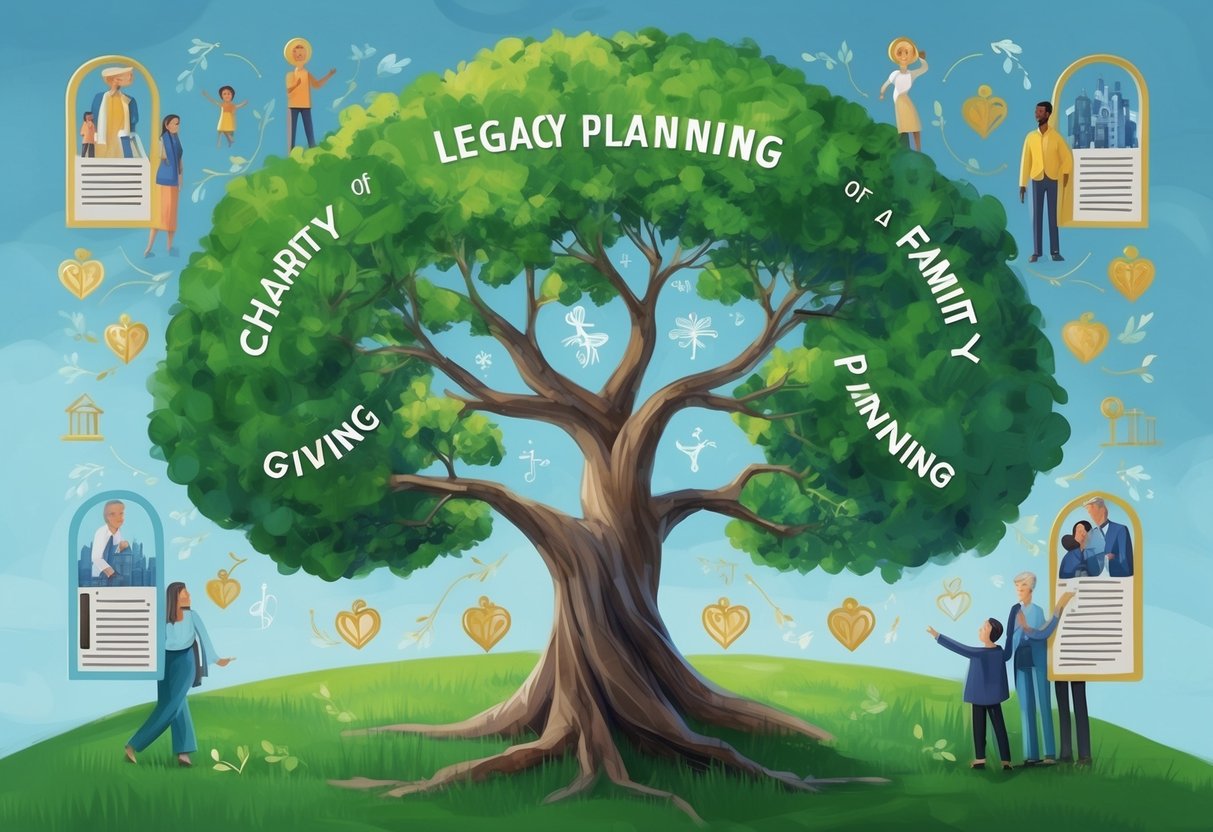 A family tree with branches intertwining, surrounded by symbols of charity and giving, representing emotional connections and legacy planning