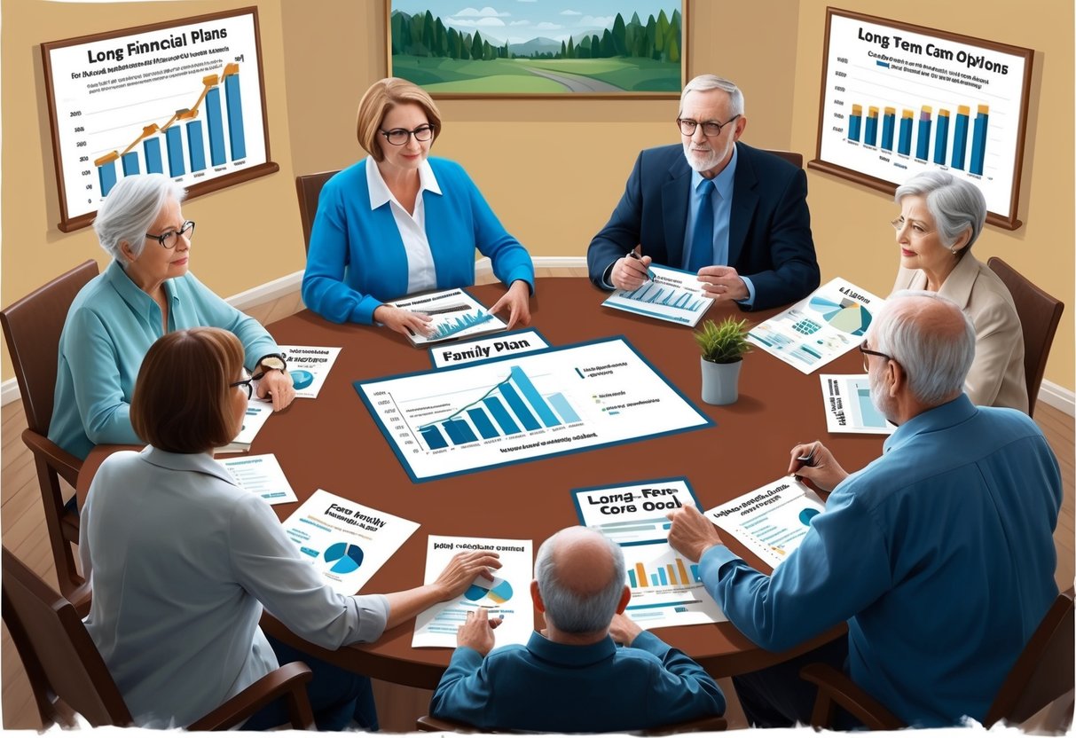 A family sitting around a table, discussing financial plans and long-term care options. Charts and graphs are spread out, showing different strategies for balancing costs and family goals