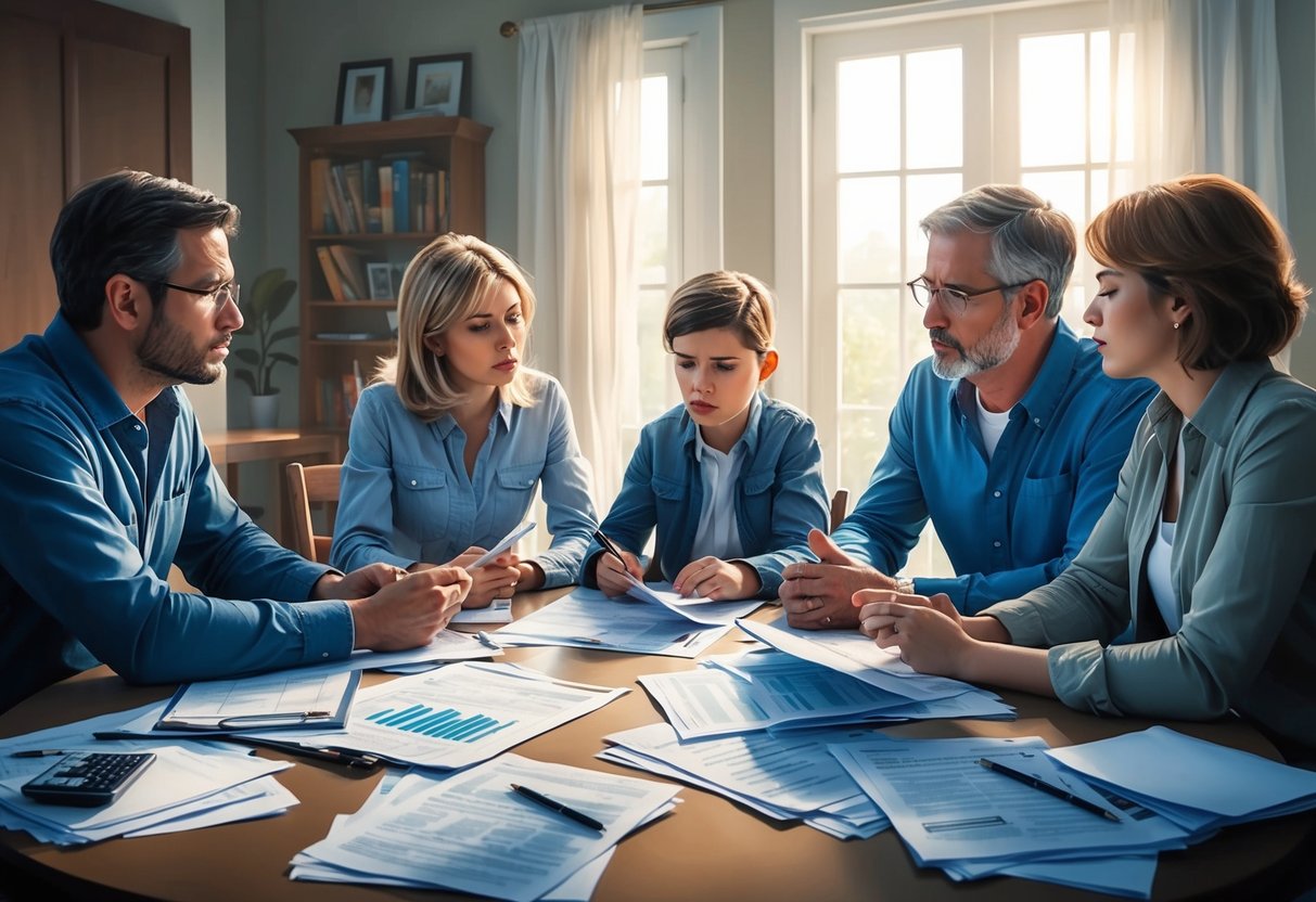 A family sits around a table, surrounded by paperwork and financial documents. They are deep in discussion, with a mix of concern and determination on their faces