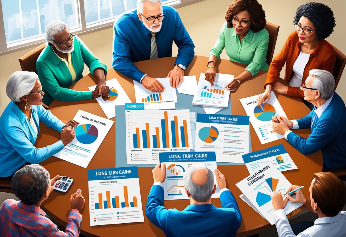 A family gathers around a table, discussing financial plans and long-term care options. Charts and graphs are spread out, showing different strategies for balancing costs and family goals