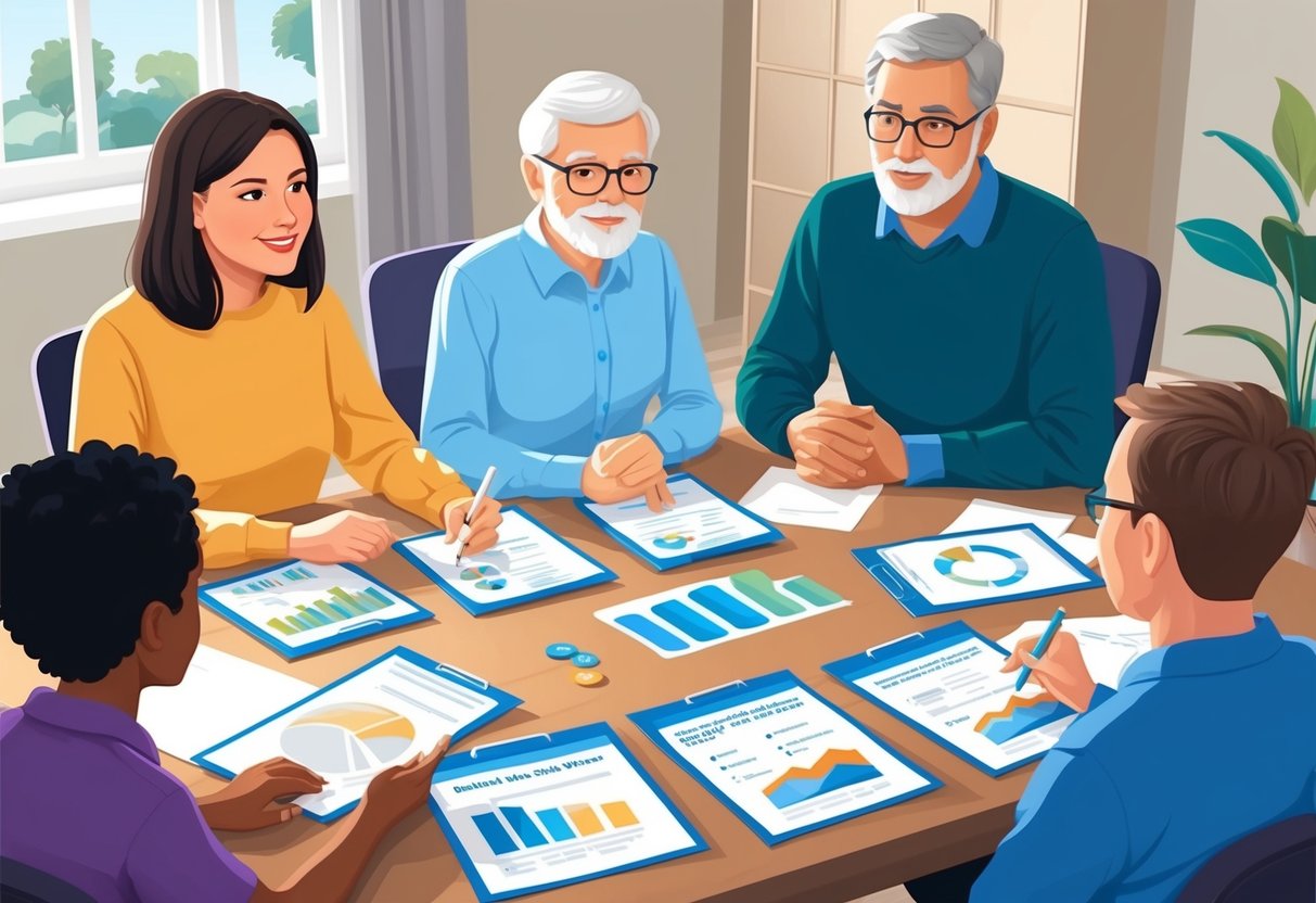 A family sitting around a table with financial documents and charts, discussing long-term care options while balancing personal savings goals