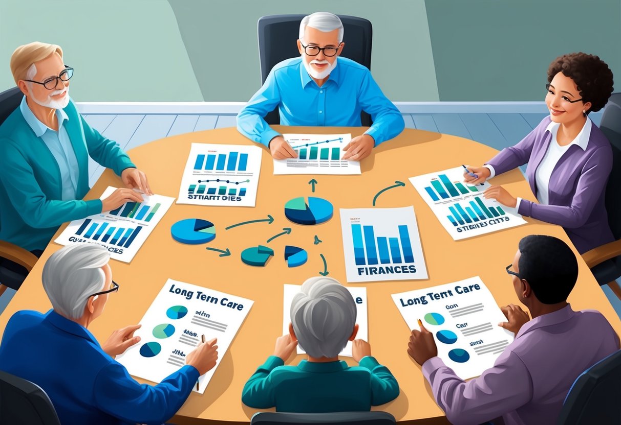 A family sits around a table, discussing finances and long-term care options. Charts and graphs are spread out, showing different strategies for balancing costs