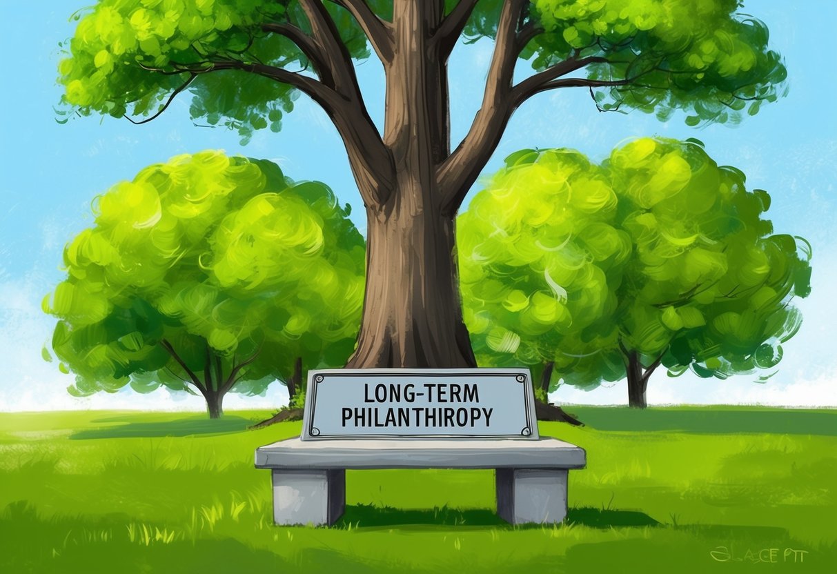 A grand oak tree stands tall, with a sturdy trunk and lush green leaves. Beneath it, a stone bench bears a plaque with the words "Long-Term Philanthropy" engraved on it