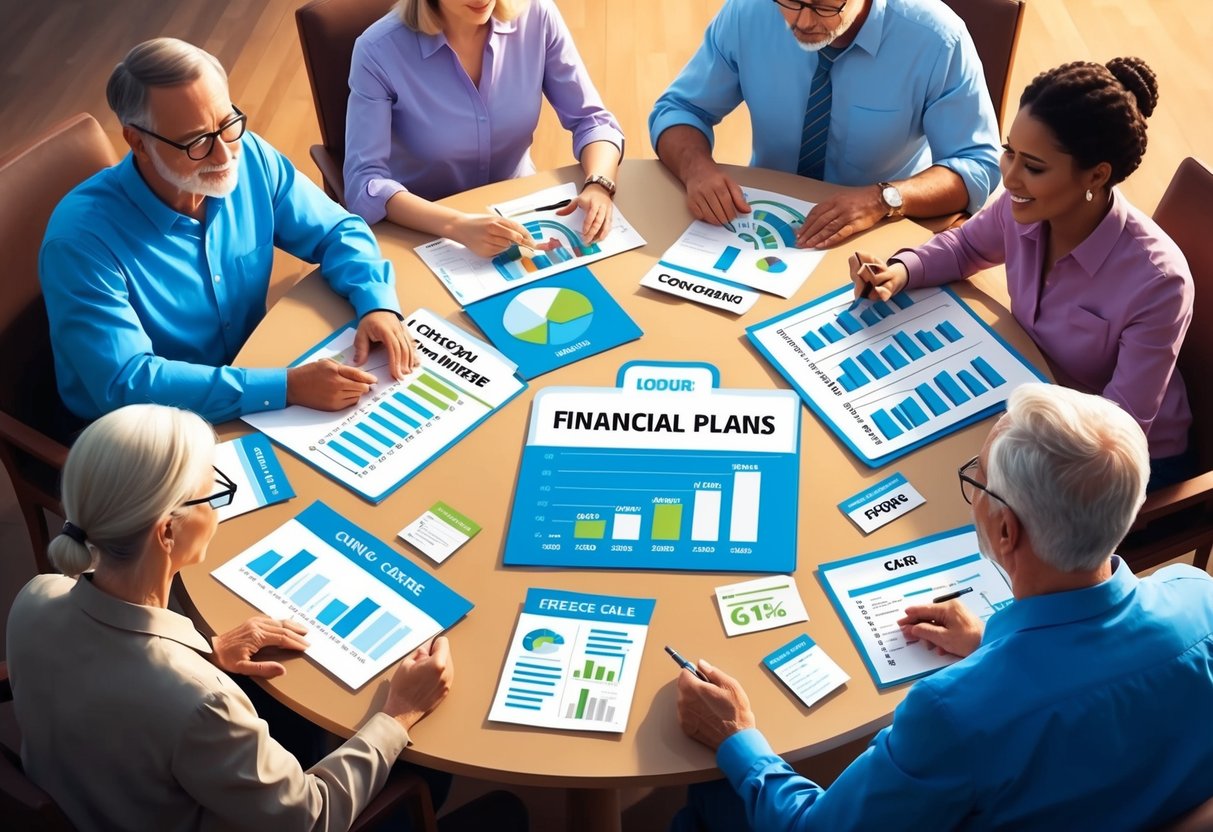 A family sitting around a table, discussing financial plans and long-term care options. Charts and graphs are spread out in front of them, as they work together to balance their goals