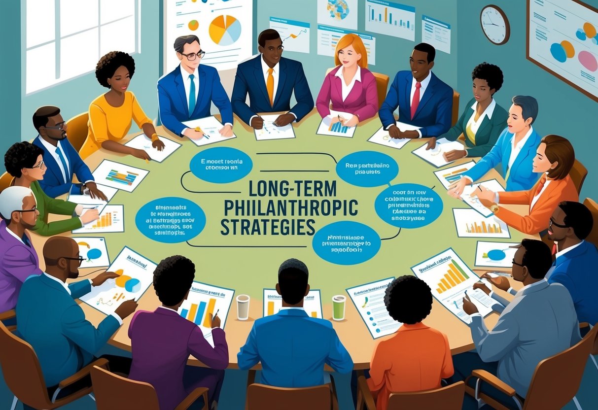 A diverse group of people gather around a table, discussing and planning long-term philanthropic strategies. Charts and graphs are spread out, and a sense of collaboration and purpose fills the room