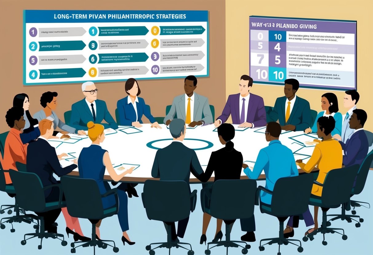 A diverse group of people gather around a large table, discussing and planning long-term philanthropic strategies. A chart on the wall outlines 10 ways that planned giving can contribute to the cause