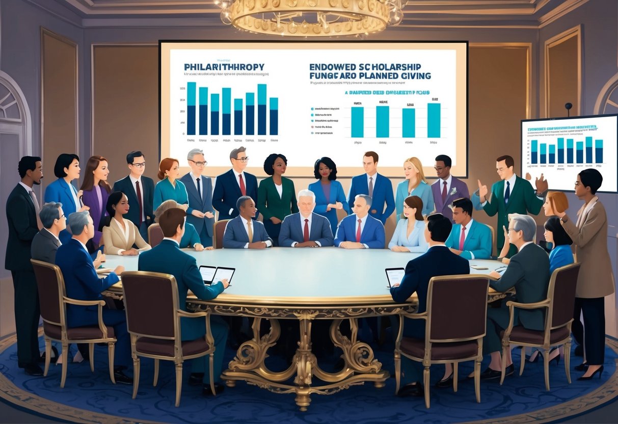A diverse group of people gather around a large, ornate table, discussing philanthropy and long-term planning. Charts and graphs are displayed on a screen in the background, highlighting the impact of endowed scholarship funds and planned giving