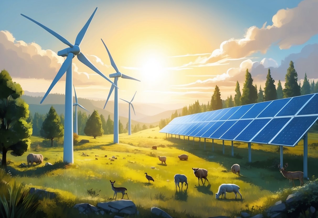 A sunlit landscape with wind turbines and solar panels, surrounded by trees and diverse wildlife
