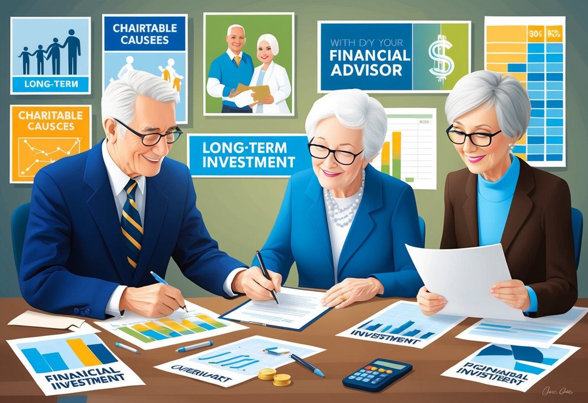 An elderly couple signing a document with a financial advisor, surrounded by images of charitable causes and long-term investment charts