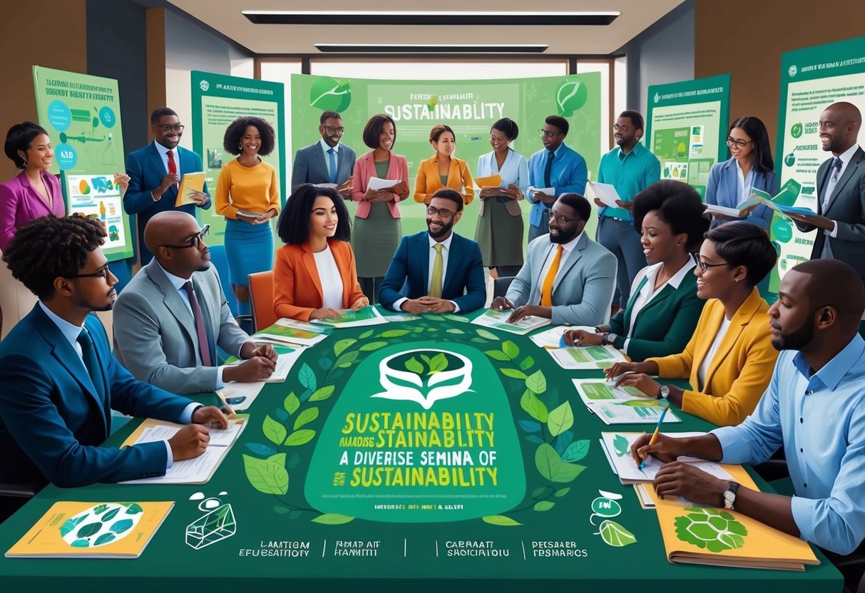 A group of diverse individuals attending a seminar on sustainability, surrounded by educational materials and interactive displays