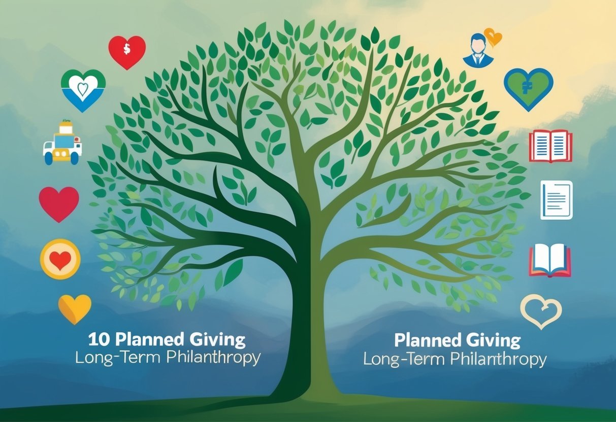 A tree with 10 branches, each representing a different way planned giving contributes to long-term philanthropy. Surrounding the tree are symbols of various charitable causes, such as a heart for healthcare and a book for education