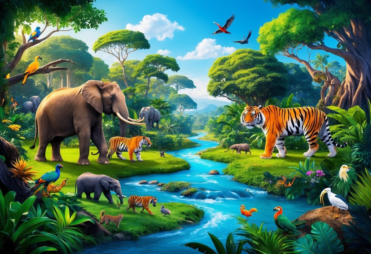 A lush, vibrant forest with diverse wildlife, including elephants, tigers, and birds, surrounded by a flowing river and clear blue skies