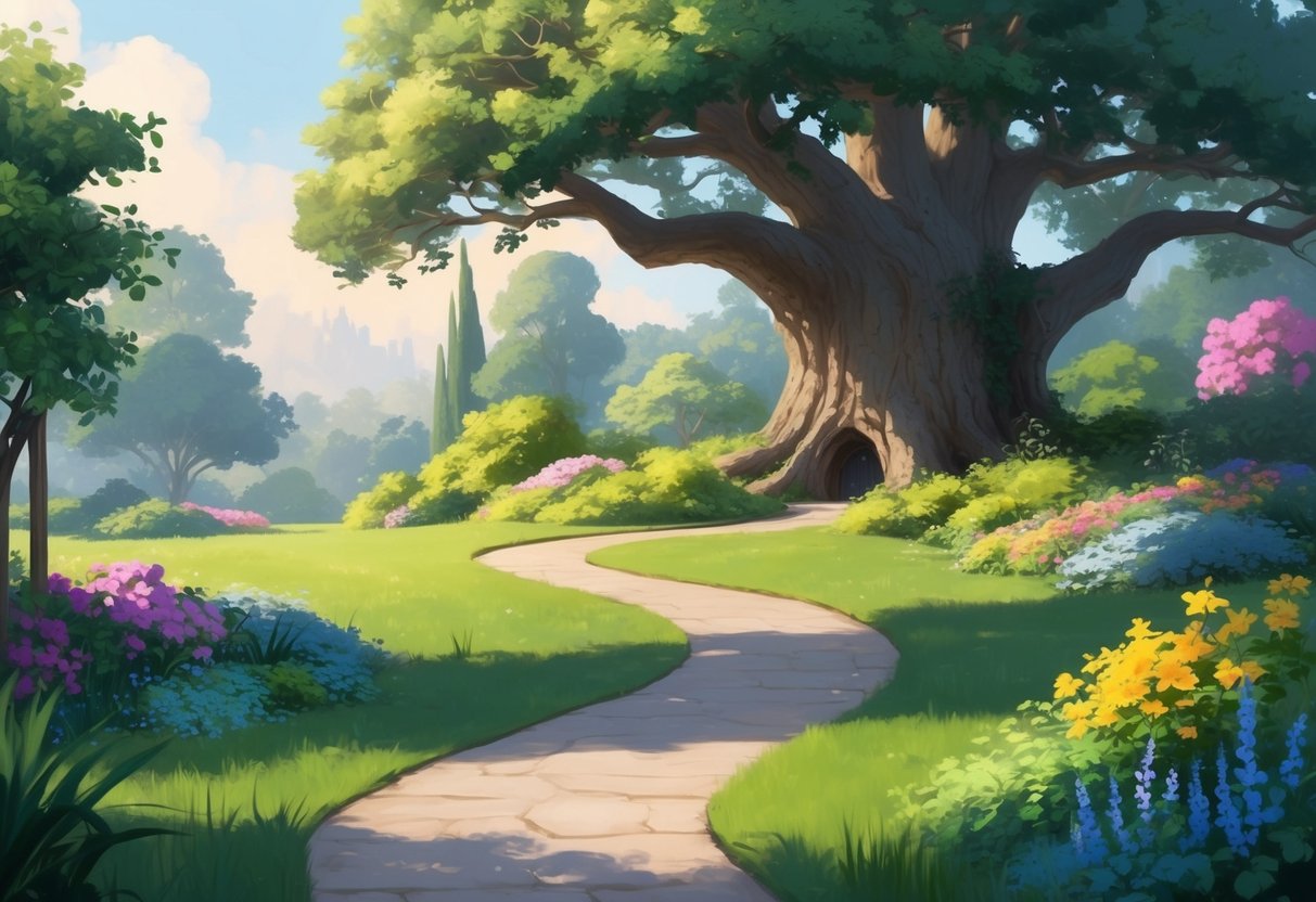 A serene and peaceful garden with a winding path leading to a grand, old tree surrounded by lush greenery and colorful flowers