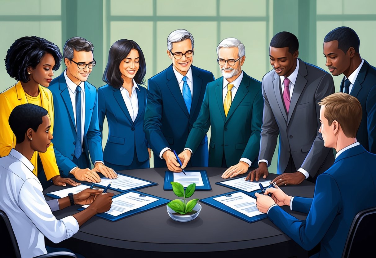 A group of diverse individuals gather around a table, signing legal documents and exchanging funds for environmental legal advocacy