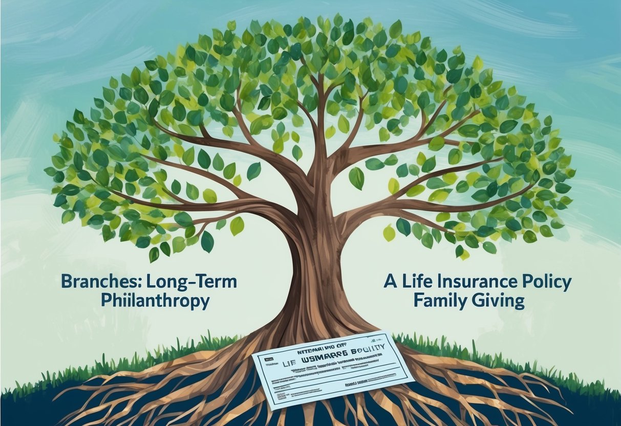 A family tree with branches representing long-term philanthropy, while a life insurance policy forms the roots, symbolizing the lasting impact of planned giving