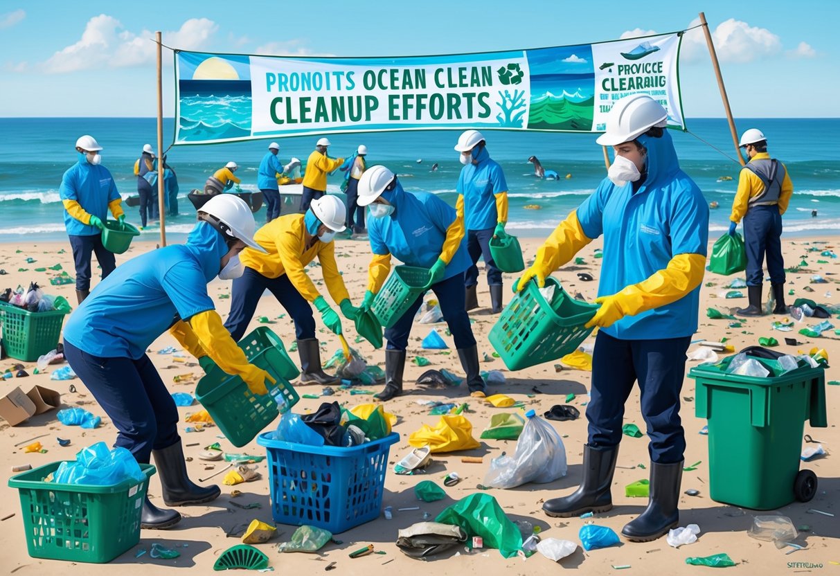 A group of volunteers in protective gear collecting trash from a polluted beach, while others sort and recycle the waste. A banner promoting ocean cleanup efforts is displayed in the background