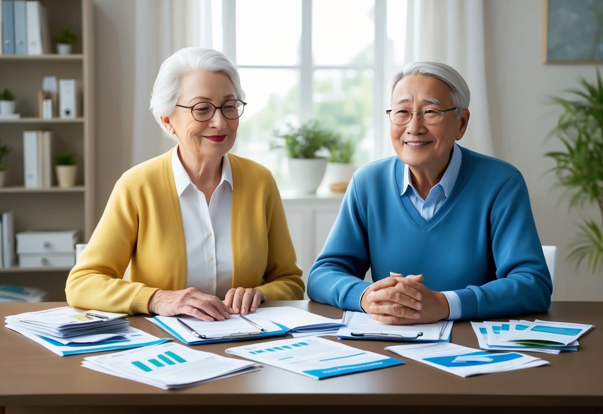 A serene elderly couple sits at a table, surrounded by financial documents and healthcare brochures. They appear content and confident as they plan for their long-term care