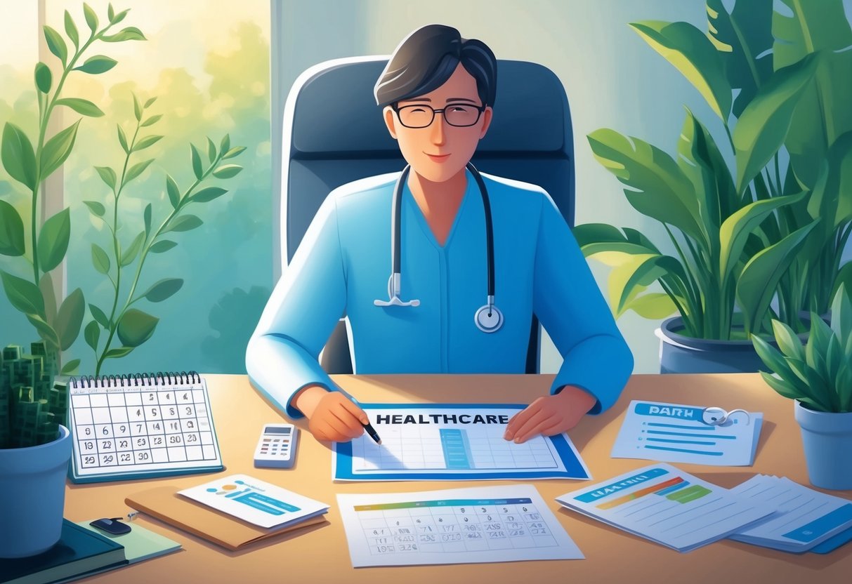 A person sitting at a desk with a calendar and healthcare documents, surrounded by a serene environment with plants and natural light, indicating early planning for long-term healthcare