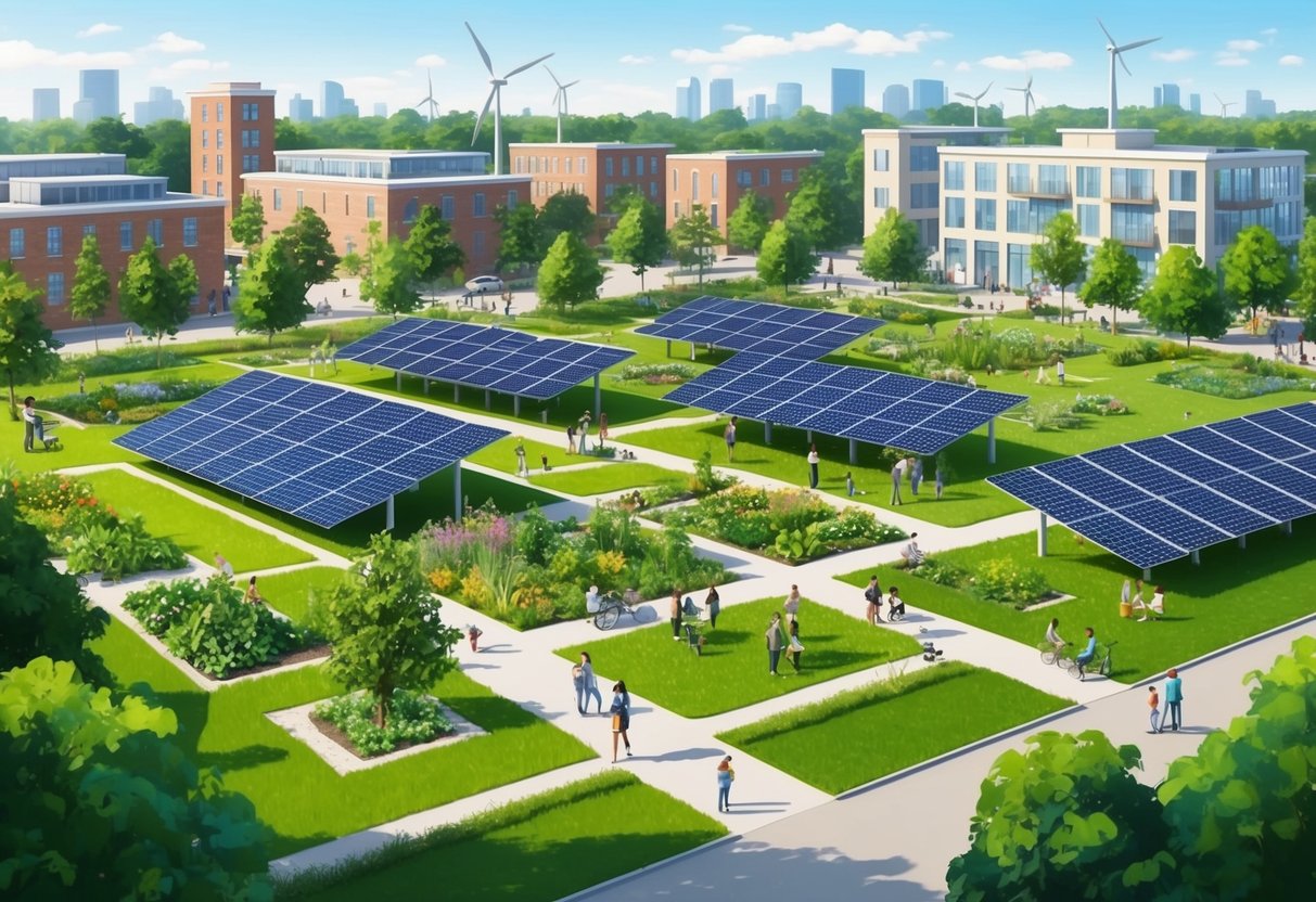A lush green park with solar panels, wind turbines, and community gardens surrounded by eco-friendly buildings and people enjoying the sustainable space