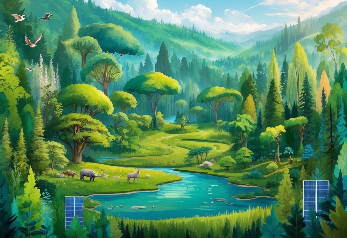 A lush forest with diverse wildlife, clean waterways, sustainable agriculture, and renewable energy sources