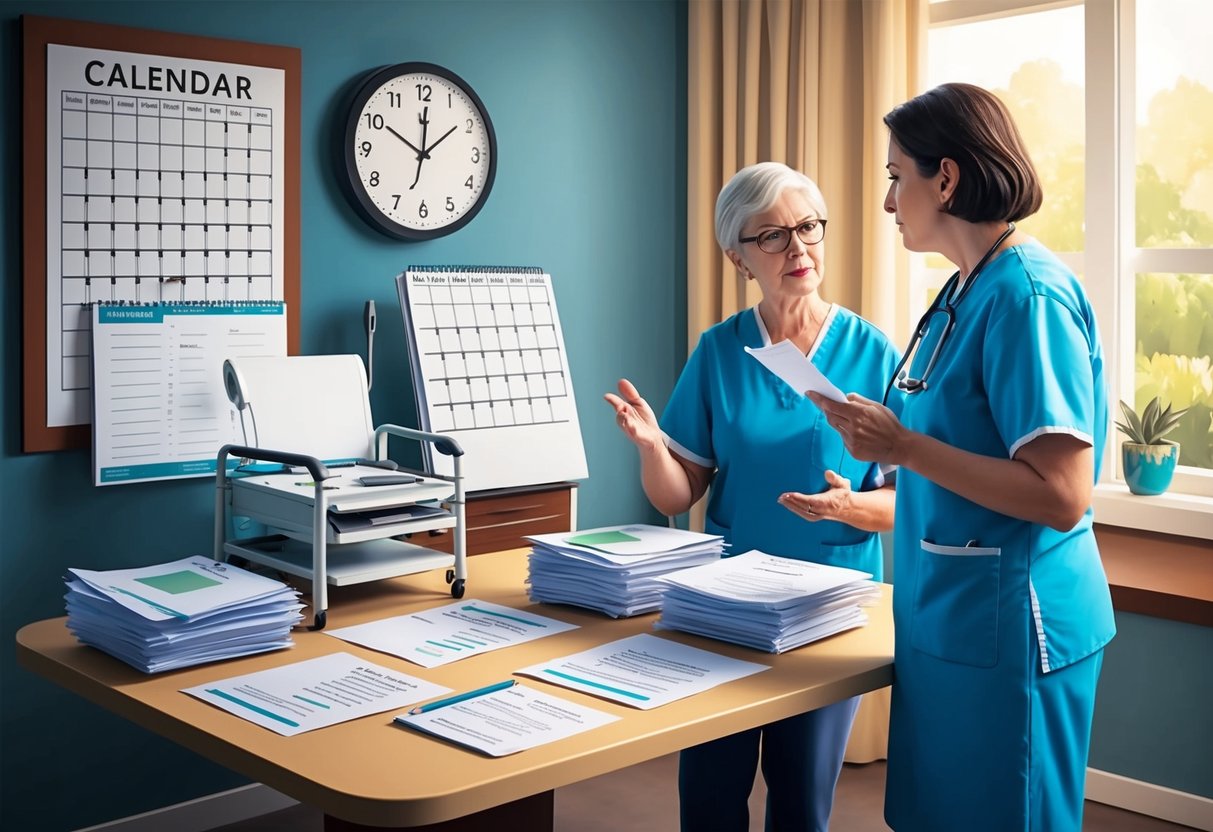 A table with a calendar, medical equipment, and a stack of paperwork. A caregiver discussing with a family member. A clock showing the passage of time