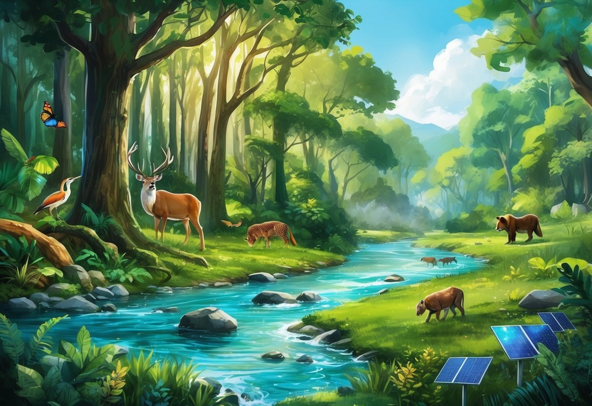 A lush forest with diverse wildlife, clean rivers, and renewable energy sources