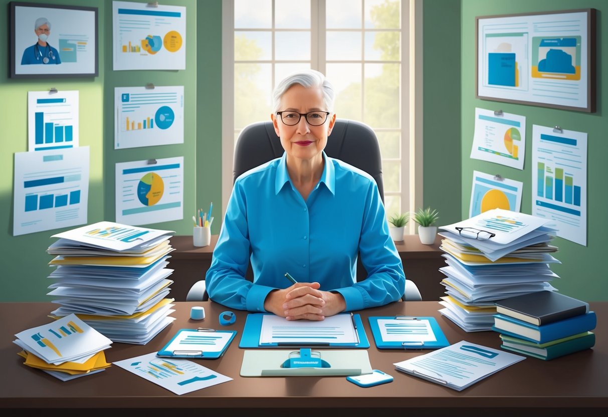 A person sitting at a desk surrounded by healthcare resources and documents, planning for long-term care