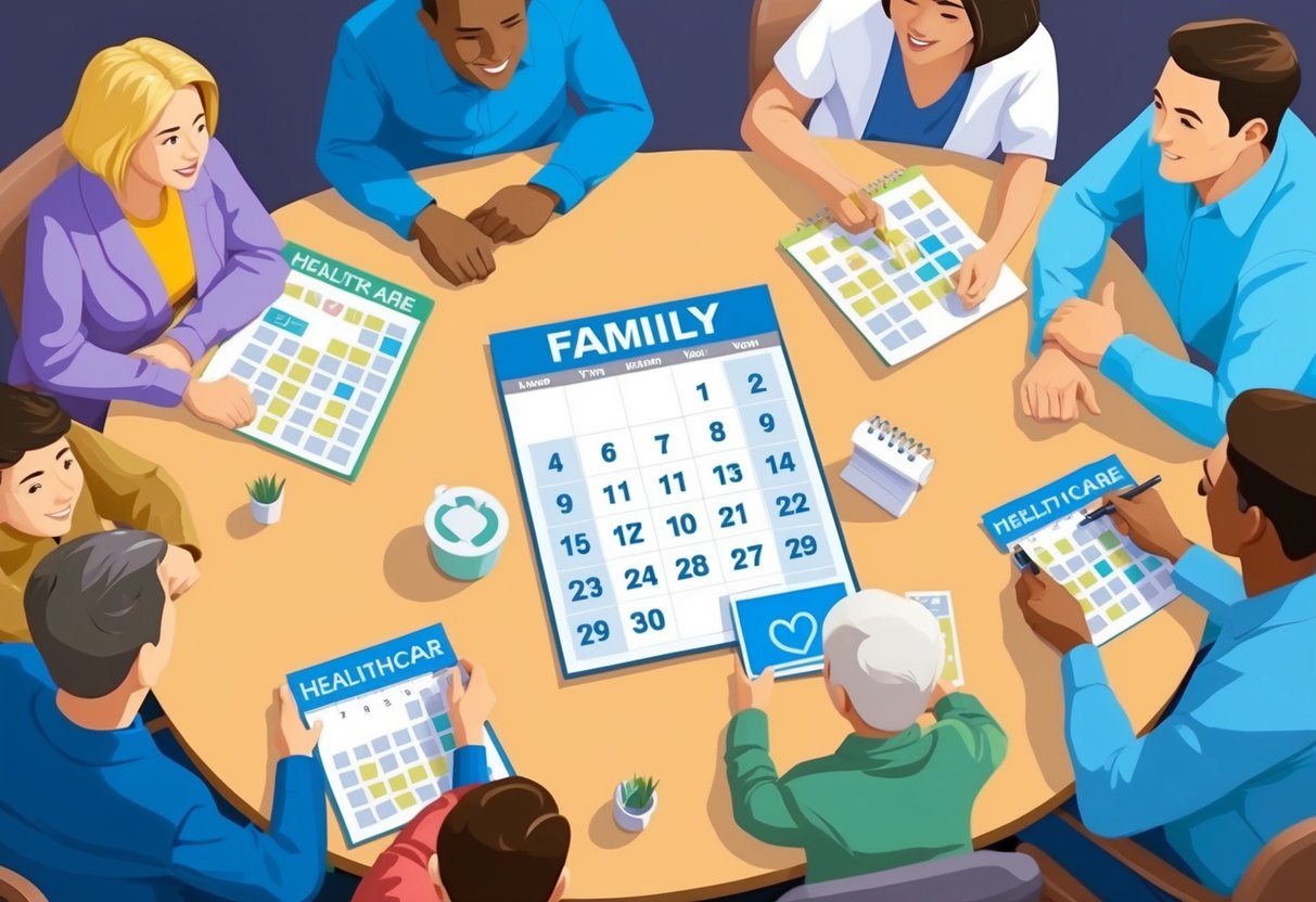 A family gathering around a table with a calendar, discussing healthcare plans and sharing ideas