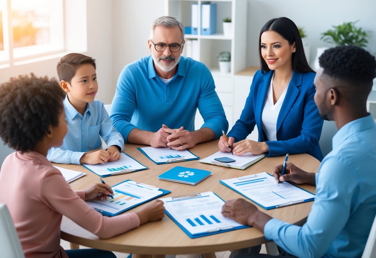 A family sitting around a table with financial documents and a healthcare planner, discussing long-term healthcare options