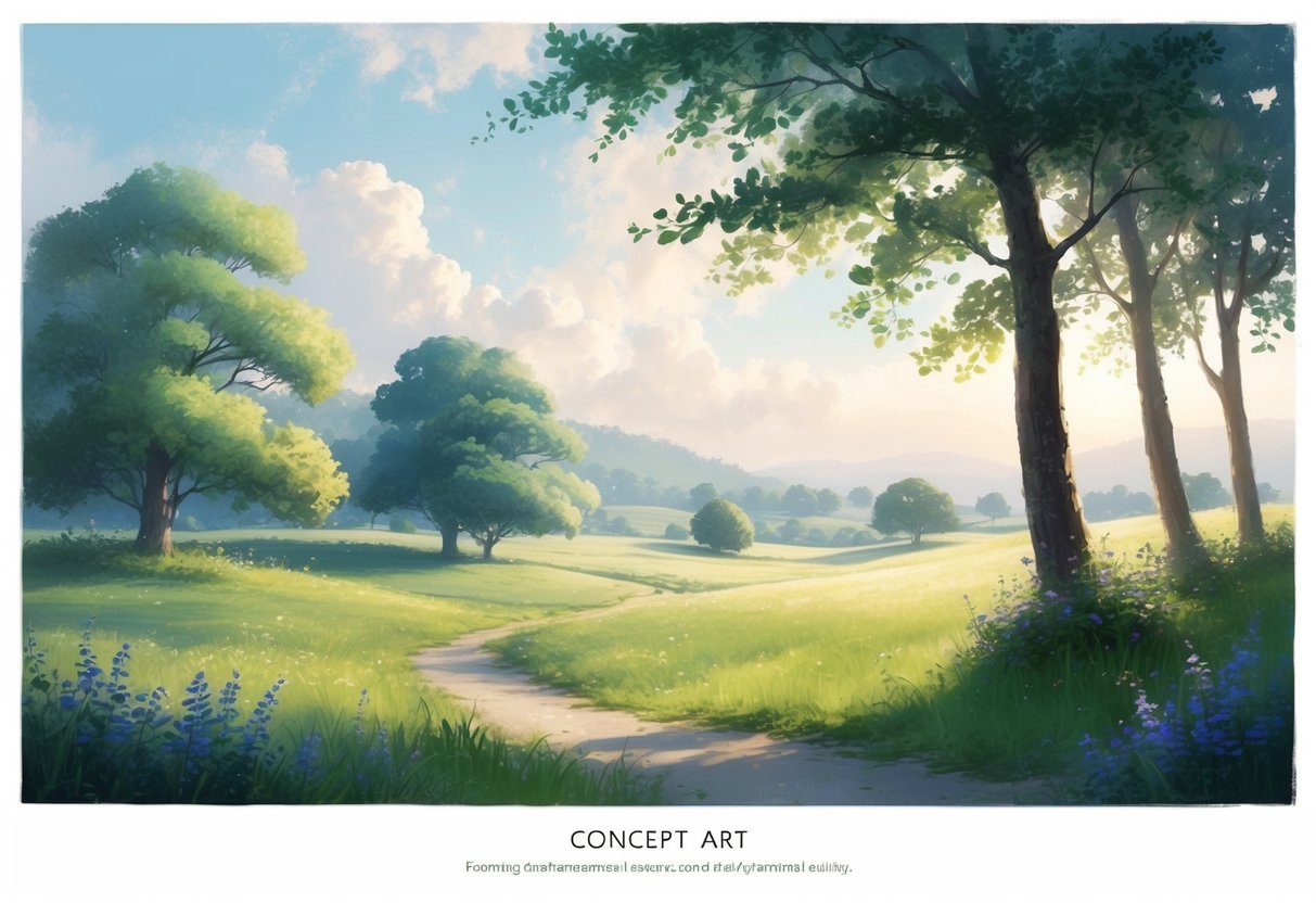 A serene, idyllic landscape with a peaceful setting, featuring a tranquil environment with elements that convey a sense of health and well-being, such as greenery, open space, and natural beauty