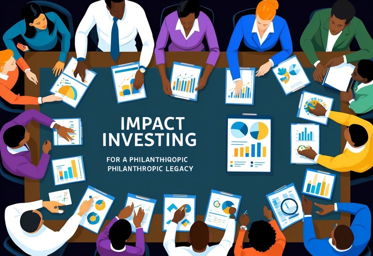 A diverse group of people gather around a table, engaged in deep discussion. Charts and graphs are spread out, conveying the concept of impact investing for a philanthropic legacy