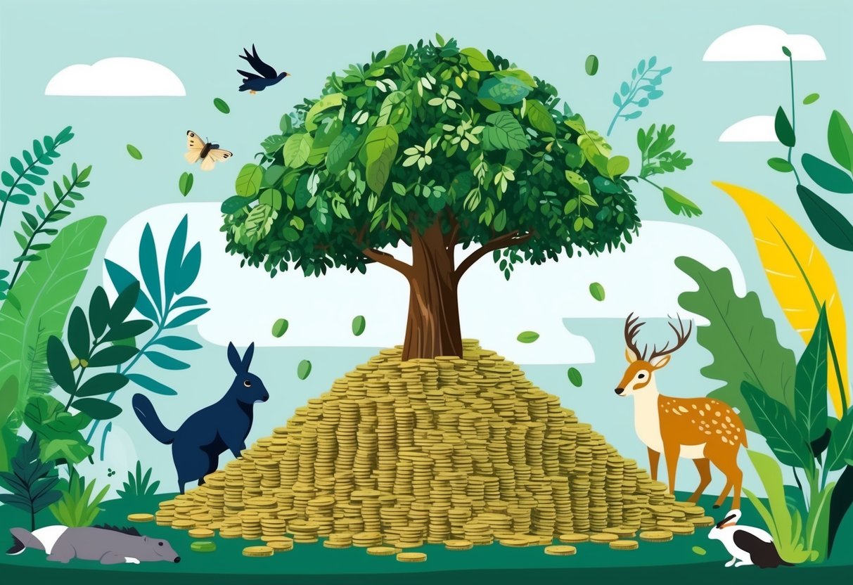 A tree growing from a pile of coins, surrounded by diverse plants and animals, symbolizing the positive impact of impact investing on the environment and society