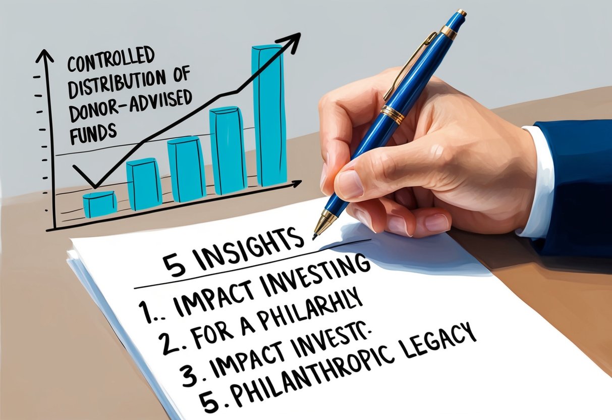 A hand holding a pen writes on a paper with a list of 5 insights on impact investing for a philanthropic legacy. A graph showing controlled distribution of donor-advised funds is in the background