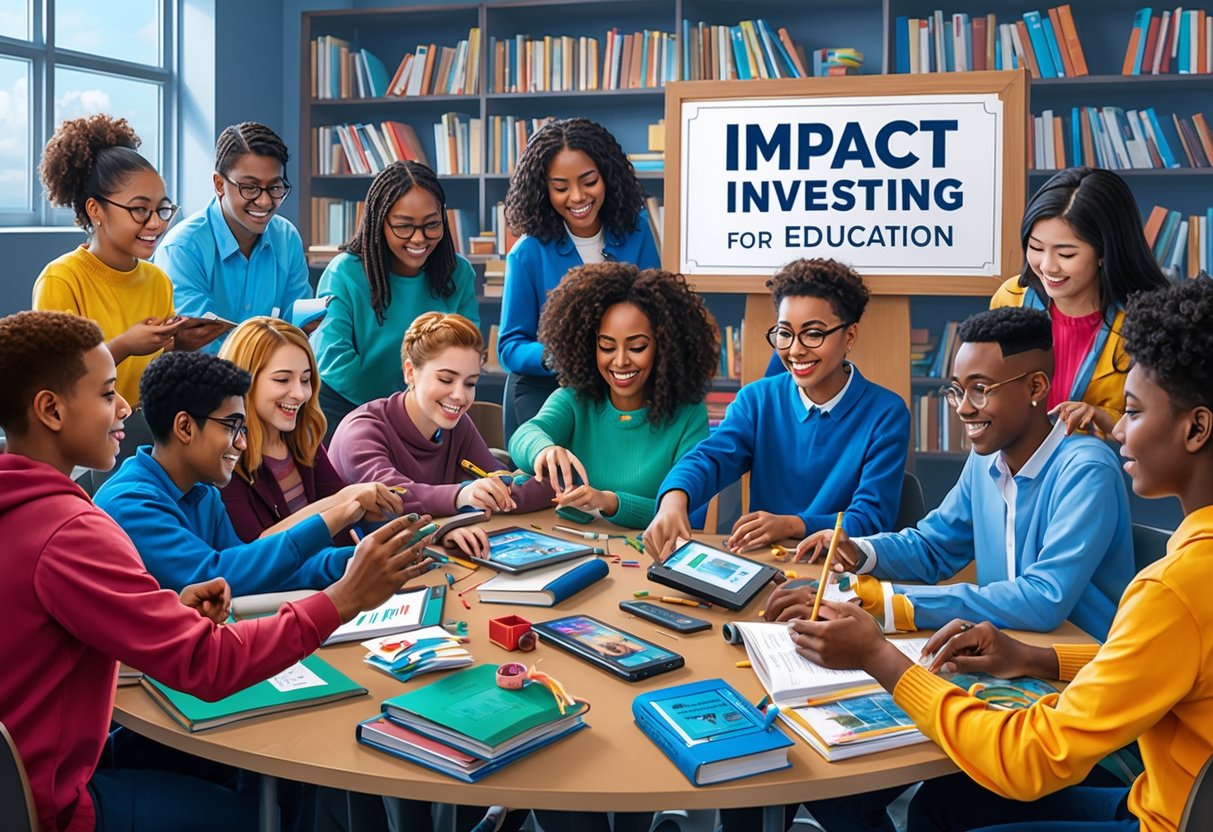 A group of diverse students engage in hands-on learning activities, surrounded by books, technology, and educational materials. A prominent sign displays "Impact Investing for Education."
