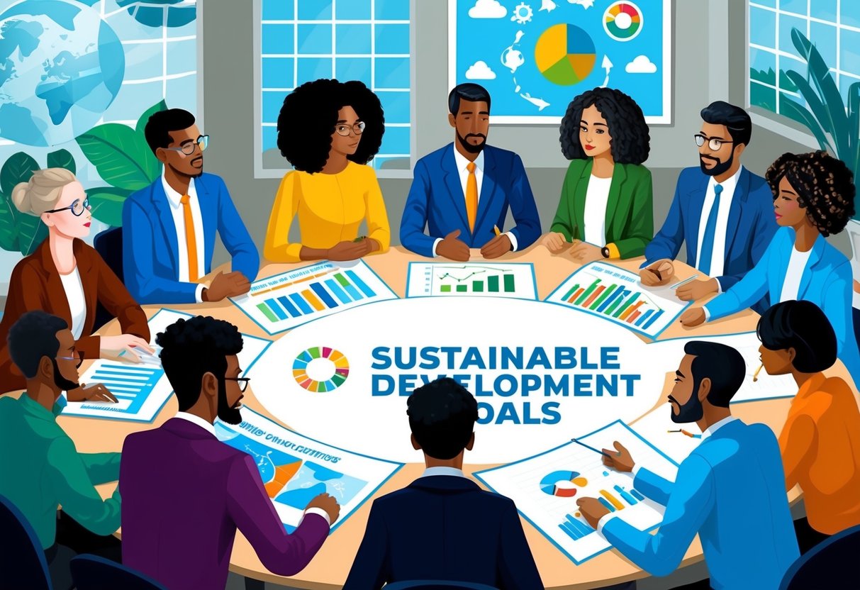 A diverse group of people discussing and strategizing around a table, with charts and graphs depicting sustainable development goals and impact investing